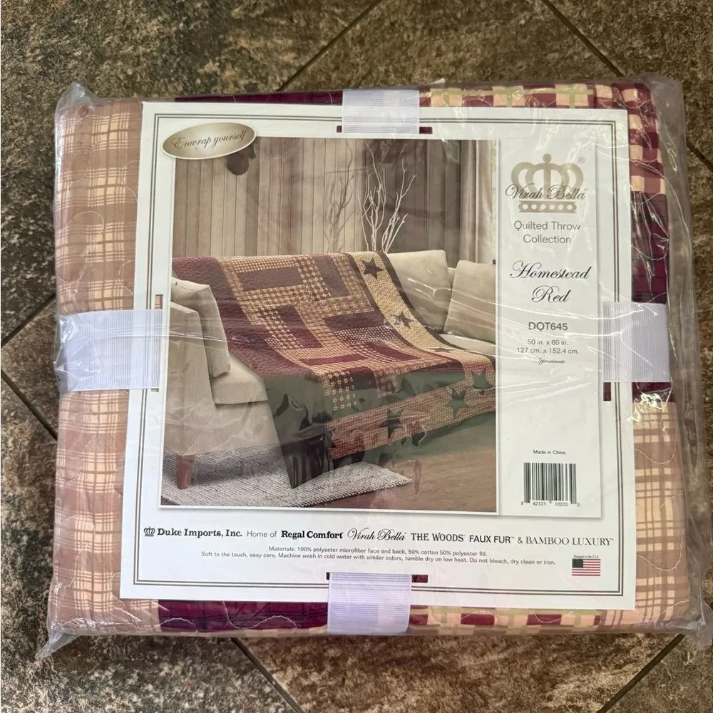 Farmhouse Burgundy Star Printed Quilted Throw Blanket Primitive Cottage Plaid